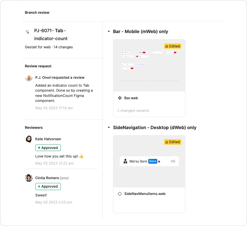 An example of requesting a review. In this case the IconButton design specs review request by Cintia Romero.